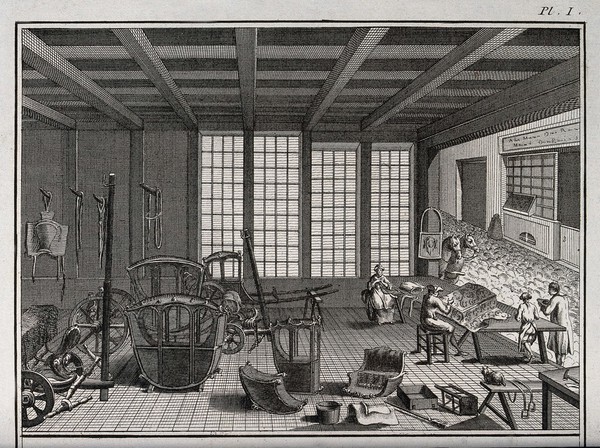 A saddler's and coach-builder's establishment, in a cobbled mews in Paris (?). Engraving, c.1762, by Benard after Lucotte.