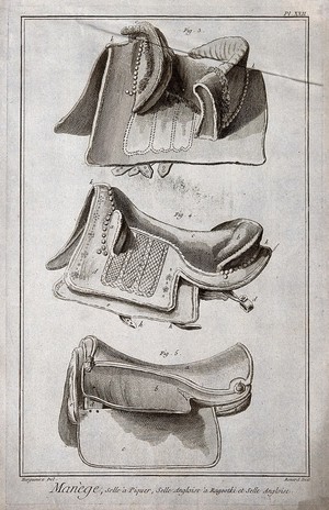 view Saddles: three types. Engraving, c.1762, by Benard after Lucotte.