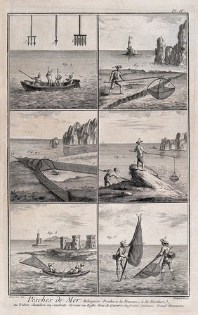 Fisher-folk and their methods of working close to the shore. Engraving, c.1762, by Benard after L.J. Goussier.