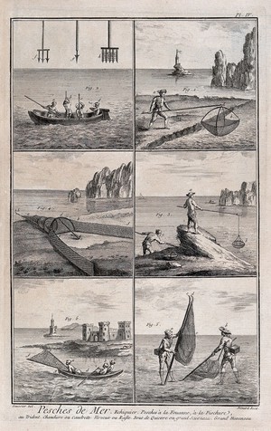 view Fisher-folk and their methods of working close to the shore. Engraving, c.1762, by Benard after L.J. Goussier.