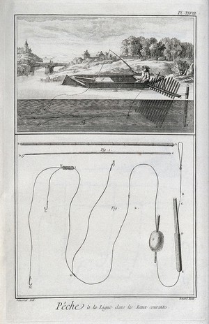 view Fishing: rod and line fishing in runnng waters. Etching, c.1762, by R. Benard after L.J. Goussier.