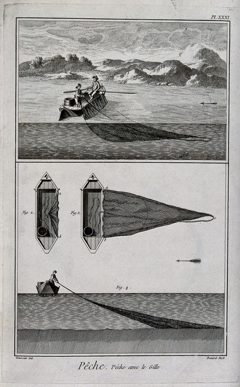 Fishing: two men fishing from a boat in a river (top), and plans and  elevations of the boat and net (below) Engraving, c.1762, by Benard after  L.J. Goussier.