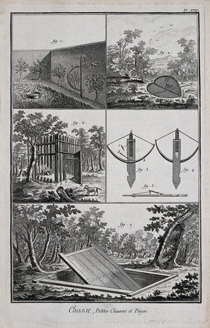 view Hunting: traps and snares for catching ground-feeding birds. Engraving, c.1762 by B.-L. Prevost.