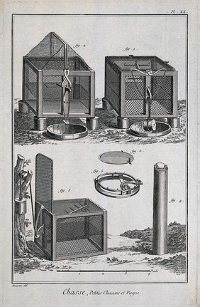 Hunting: two variants of a trap for catching roosting birds. Engraving, c.1762 by B.-L. Prevost after L.J. Goussier.