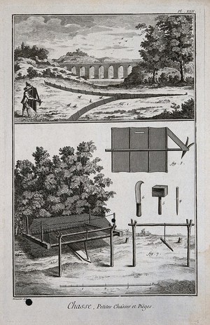 view Hunting: a man stalking partridges (?) (top), a trap for catching ground-feeding birds. Engraving, c.1762 by Defehrt after L.J. Goussier.