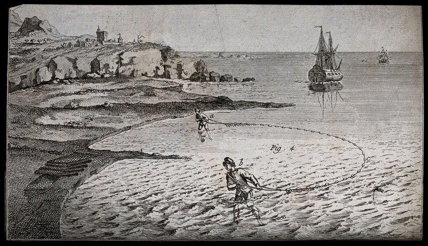 Fishermen hauling in a net close to the shore, ships stand off-shore in the background. Engraving.