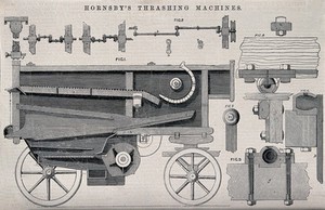 view Farming: a threshing machine designed by Richard Hornsby mounted on a cart: cutaway side elevation, and details. Wood engraving after R. Hornsby, 1862.