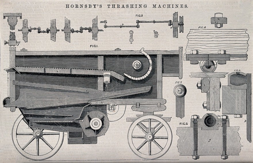 Farming: a threshing machine designed by Richard Hornsby mounted on a cart: cutaway side elevation, and details. Wood engraving after R. Hornsby, 1862.