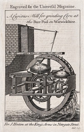 Farming: a milling machine for corn, driven by a water-wheel, three-quarter view. Engraving by Seal, c.1750.