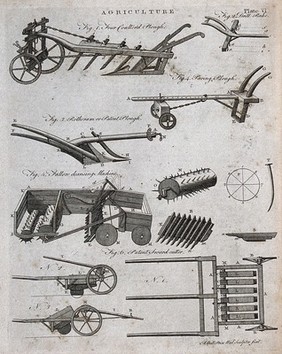 Agriculture: a plough and other implements. Engraving by A. Bell.