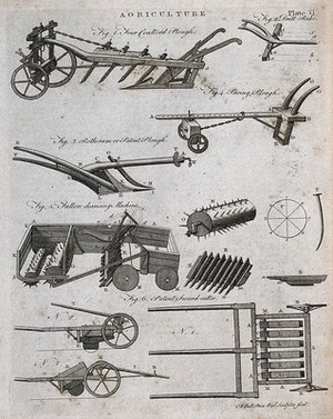 view Agriculture: a plough and other implements. Engraving by A. Bell.