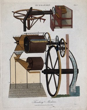 view Agriculture: two threshing machines. Coloured engraving by J. Pass, 1810.