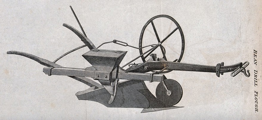 Agriculture: a combined plough-share and drill. Engraving, c.1820.