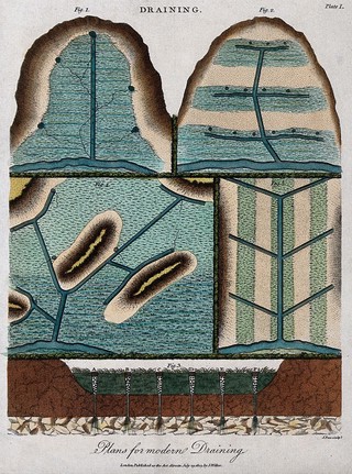 Agriculture: a plan for better drainage of fields. Coloured engraving by J. Pass, 1803.