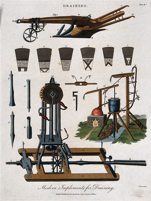 view Agriculture: equipment for providing better drainage of fields. Coloured engraving by J. Pass, 1803.