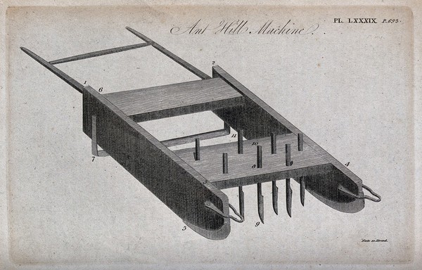 Agriculture: a multi-bladed toboggan for destroying ant-hills. Engraving by S.J. Neele, c.1803.