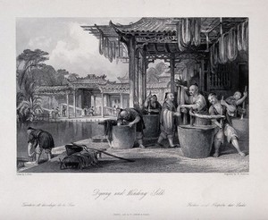 view A Chinese silk manufactory: workers dyeing and winding the silk. Engraving by G. Paterson, 1843, after T. Allom.