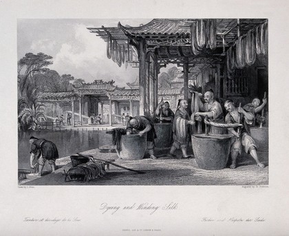 A Chinese silk manufactory: workers dyeing and winding the silk. Engraving by G. Paterson, 1843, after T. Allom.