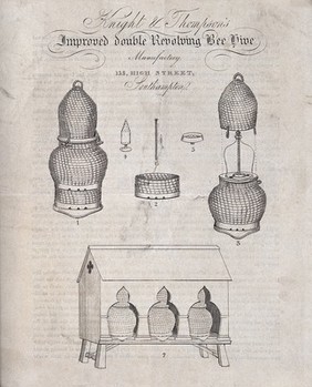 Apiculture: an advertising flyer for a patent beehive. Engraving after Knight & Thompson.