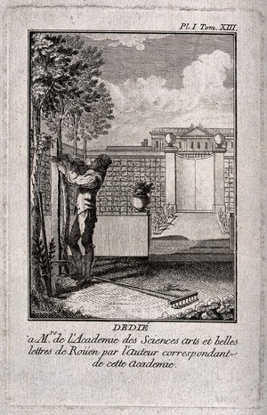 view Gardens: a gardener tying the trunks of young trees to support posts. Engraving.