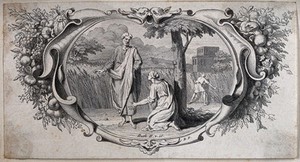 view Ruth, having gleaned barley in a field owned by Boaz, is given hospitality by him. Engraving attributed to B. Picart.