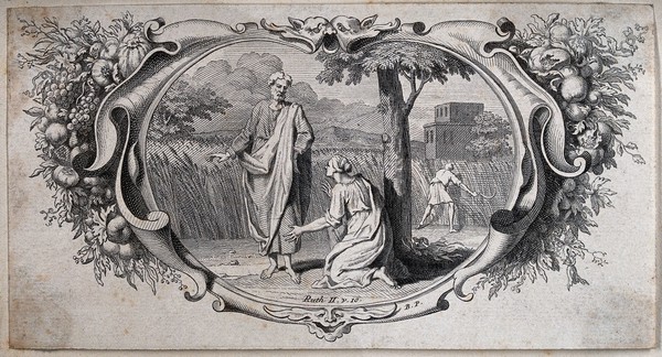 Ruth, having gleaned barley in a field owned by Boaz, is given hospitality by him. Engraving attributed to B. Picart.