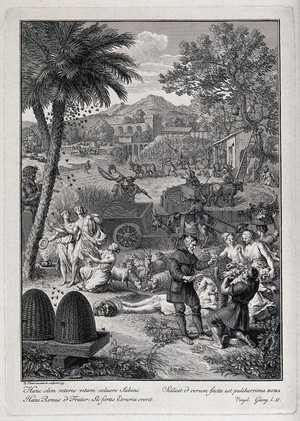 view A celebration party given in honour of a good harvest. Engraving by B. Picart, 1733, after Virgil.