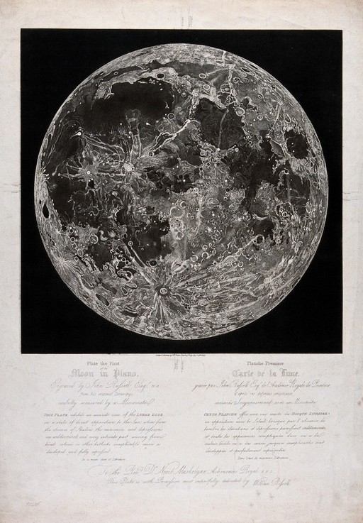 The moon, viewed in full sunlight. Stipple engraving, 1805, by J. Russell after himself.