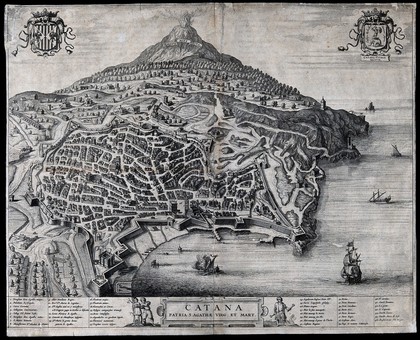 Mount Etna, with Catania below, and St Agatha being tortured with red-hot pincers in the lower margin. Engraving, 16--.