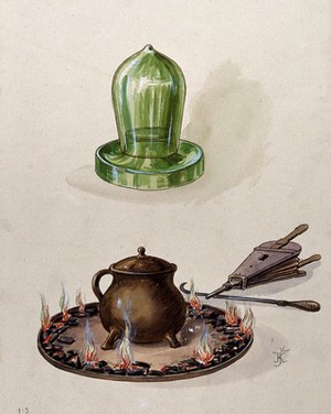 view Surgery: a cupping glass (above) and a pot on top of a fire, with a cautery (?) and a pair of bellows. Watercolour, 1933, by V. Kaliba.