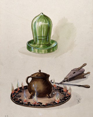 Surgery: a cupping glass (above) and a pot on top of a fire, with a cautery (?) and a pair of bellows. Watercolour, 1933, by V. Kaliba.