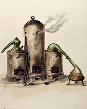 Alchemy: three furnaces with glass vessels on two of them. Watercolour, 1933, by V. Kaliba.