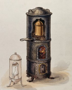 Alchemy: a furnace with nested vessels inside, and a sketch of another similar furnace. Watercolour, 1933, by V. Kaliba.