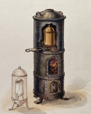 view Alchemy: a furnace with nested vessels inside, and a sketch of another similar furnace. Watercolour, 1933, by V. Kaliba.