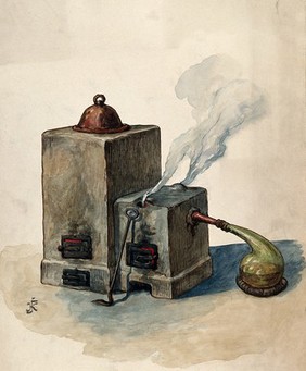 Alchemy: a double furnace with a glass vessel connected to it. Watercolour, 1933, by V. Kaliba.