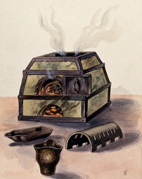 Alchemy: a furnace with some parts removed (?) Watercolour, 1933, by V. Kaliba.