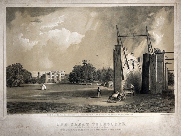 Astronomy: a large refracting telescope, at Birr Castle, Ireland. Lithograph by W. Bevan after Miss Henrietta M. Crompton, with figures by H. C. Herries.