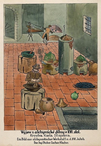 Alchemy: a workshop with furnaces and apparatus, the alchemist in the foreground tying up a leather bag. Watercolour, 1934, by V. Kaliba after K. Stapfer after a 17th century MS.