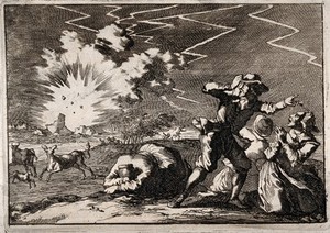 view Lightning striking a rural building during a storm: onlookers react in terror. Engraving, 16--.