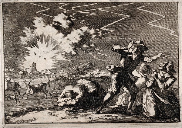 Lightning striking a rural building during a storm: onlookers react in terror. Engraving, 16--.