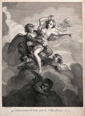 Boreas raises Orithyia aloft. Etching by P. Dupin after C. de La Fosse.