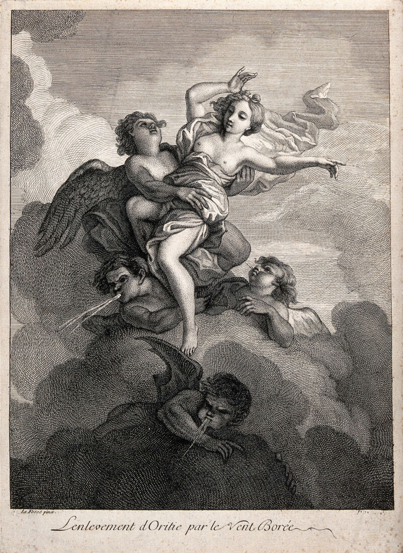 Boreas raises Orithyia aloft. Etching by P. Dupin after C. de La Fosse., by Charles de La Fosse