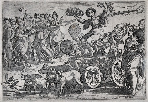 Cybele, Ceres and Flora on a chariot surrounded by many forms of natural abundance, corybantes and cherubs, symbolising the element earth. Engraving by A. Tempesta after himself, 1592.