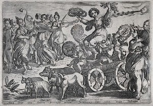 view Ceres on a chariot with children representing the months March, April and May, surrounded by forms of natural abundance, corybantes and cherubs, symbolising the element earth. Etching by A. Tempesta, 1592.