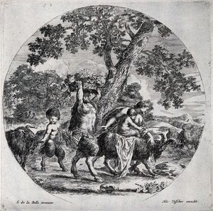 view Pan, carrying a basket of grapes, preceded by a woman riding a goat, both followed by a young satyr feeding another goat. Etching after S. Della Bella.