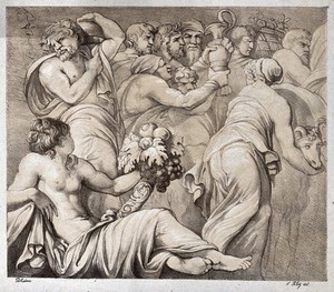 view A procession towards a sacrifice. Lithograph by F. Piloty after Polidoro da Caravaggio.