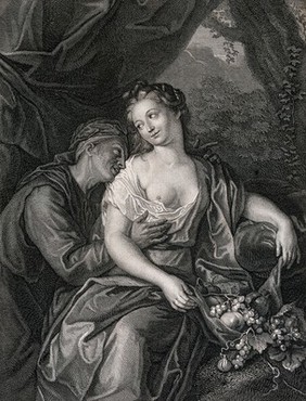 Vertumnus and Pomona as lovers. Engraving by M. Pool after J. Courtin.