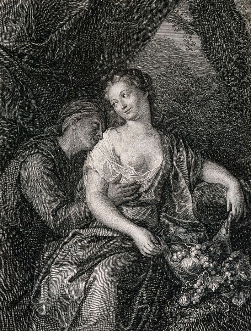 Vertumnus and Pomona as lovers. Engraving by M. Pool after J. Courtin., by Jacques-François Courtin