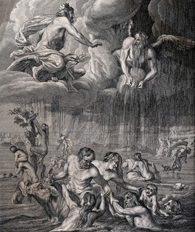 Jupiter orders Notus (the south wind) to flood the Earth: as the water rises, people try to escape. Engraving by L. Garreau after A. van Diepenbeeck.