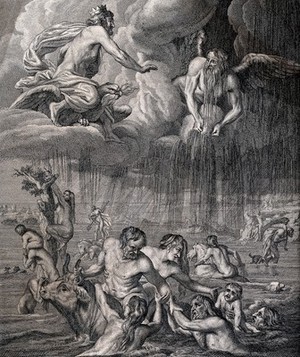 view Gods watch from the heavens as the Flood engulfs the terrified people of Earth. Etching.